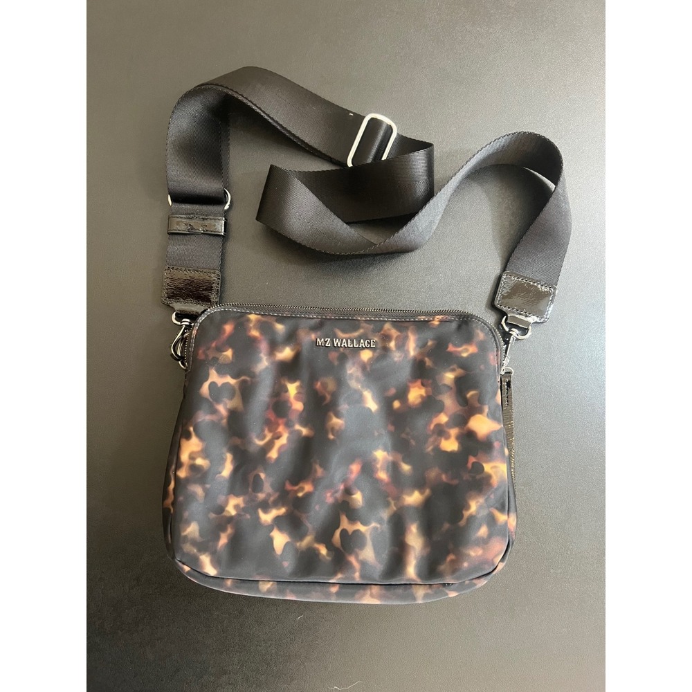 MZ Wallace Tortoise Print Nylon Crossbody Bag Black Brown Gold Hardware